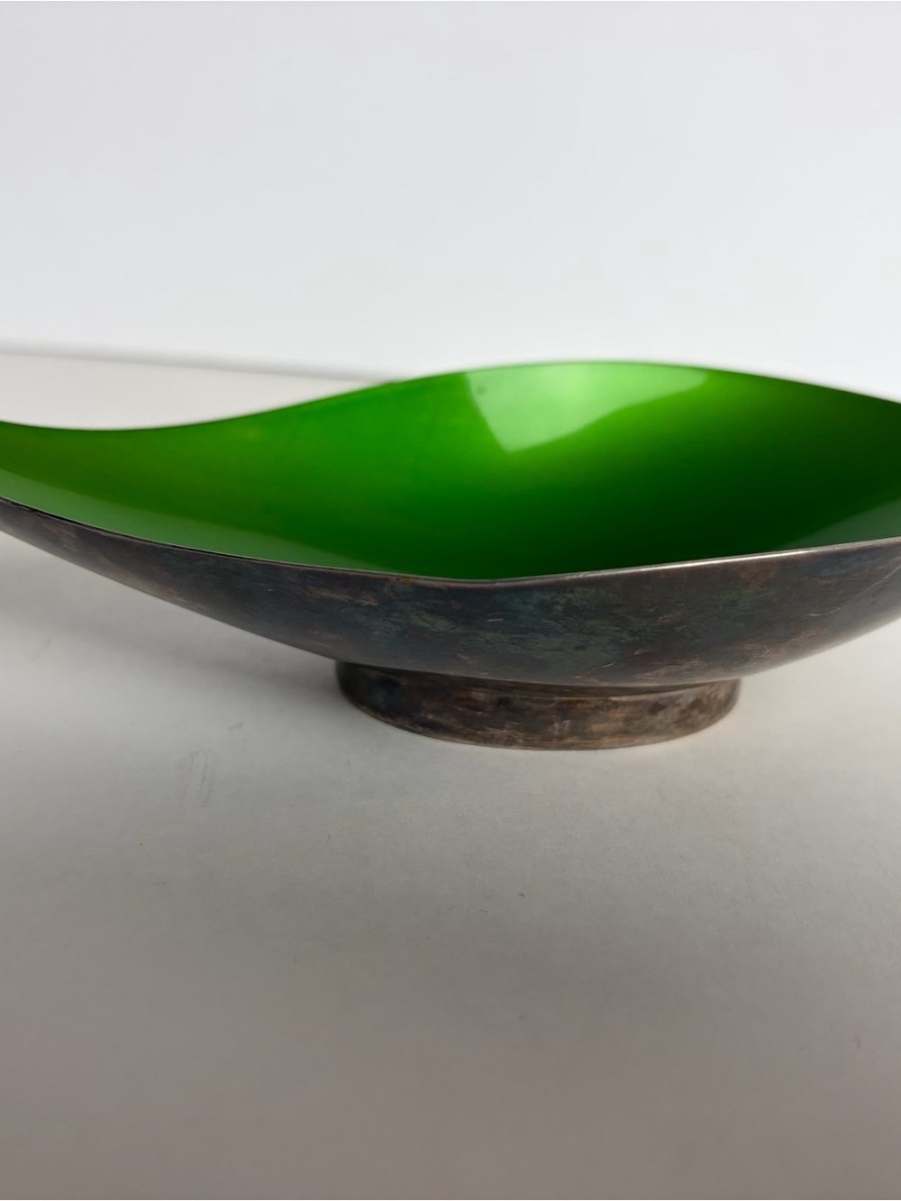 Vintage Reed & Barton 64 Silver Plate Green Enamel 7" Candy Dish Leaf MCM